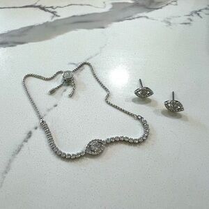 SWAROVSKI Subtle Evil Eye Bracelet + Lucky Evil Eye Stud Earrings Set Silver